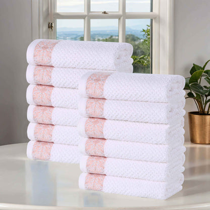 Medallion Cotton Jacquard Textured Face Towels/ Washcloths, Set of 12 - Emberglow