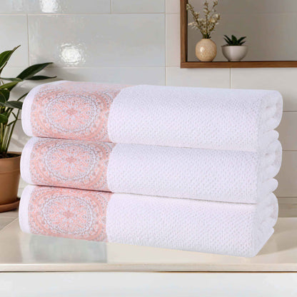 Medallion Cotton Jacquard Textured Soft Absorbent Bath Towel Set of 3 - Emberglow