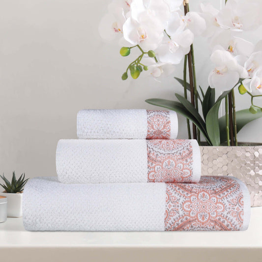 Medallion Cotton Jacquard Textured Soft Absorbent 3 Piece Towel Set - Emberglow