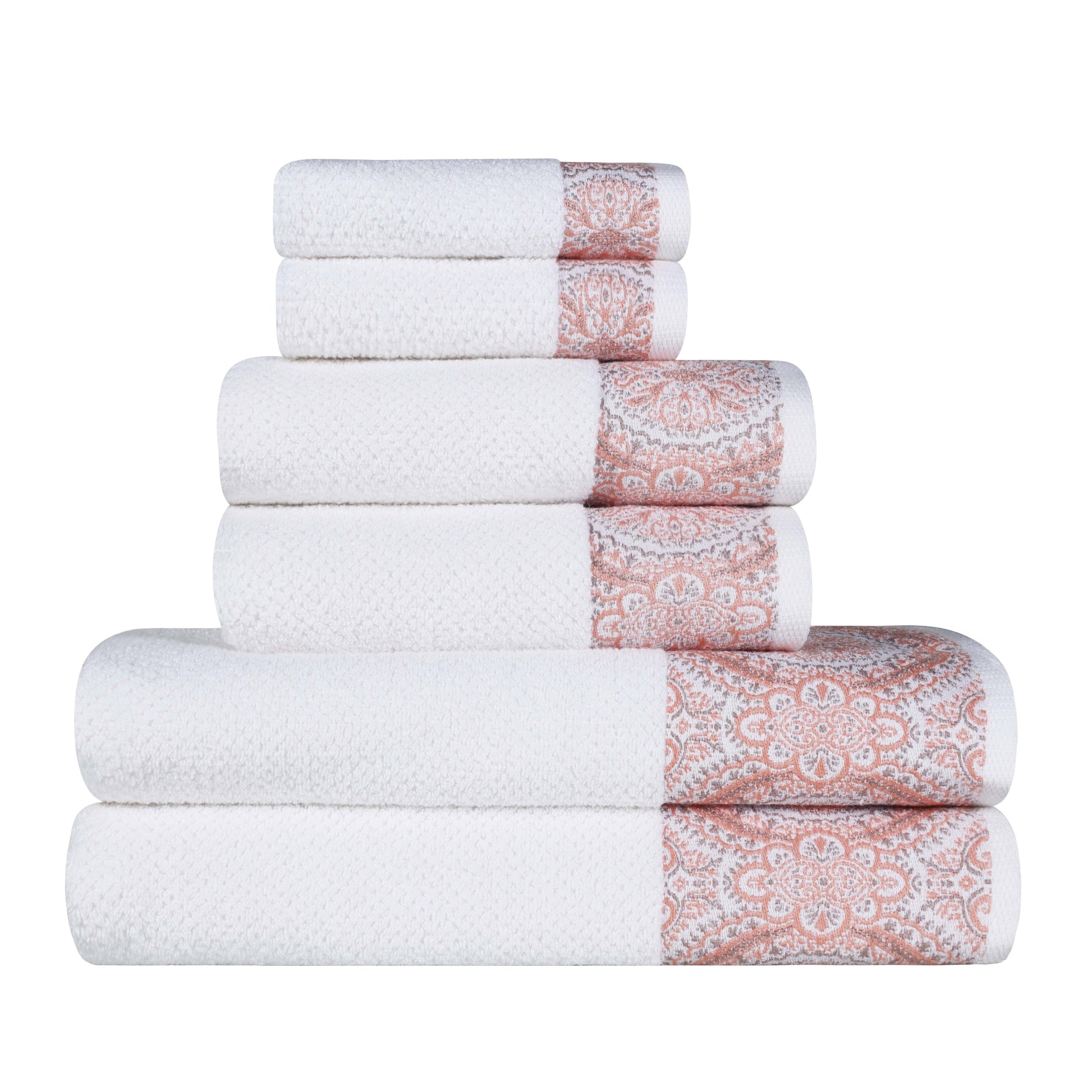 Medallion Cotton Jacquard Textured 6 Piece Assorted Towel Set - Emberglow