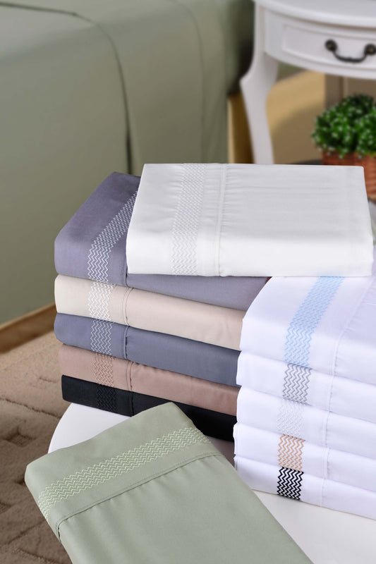 Superior Embroidered Zig Zag Wrinkle Resistant Deep Pocket Microfiber Sheet Set - Ivory