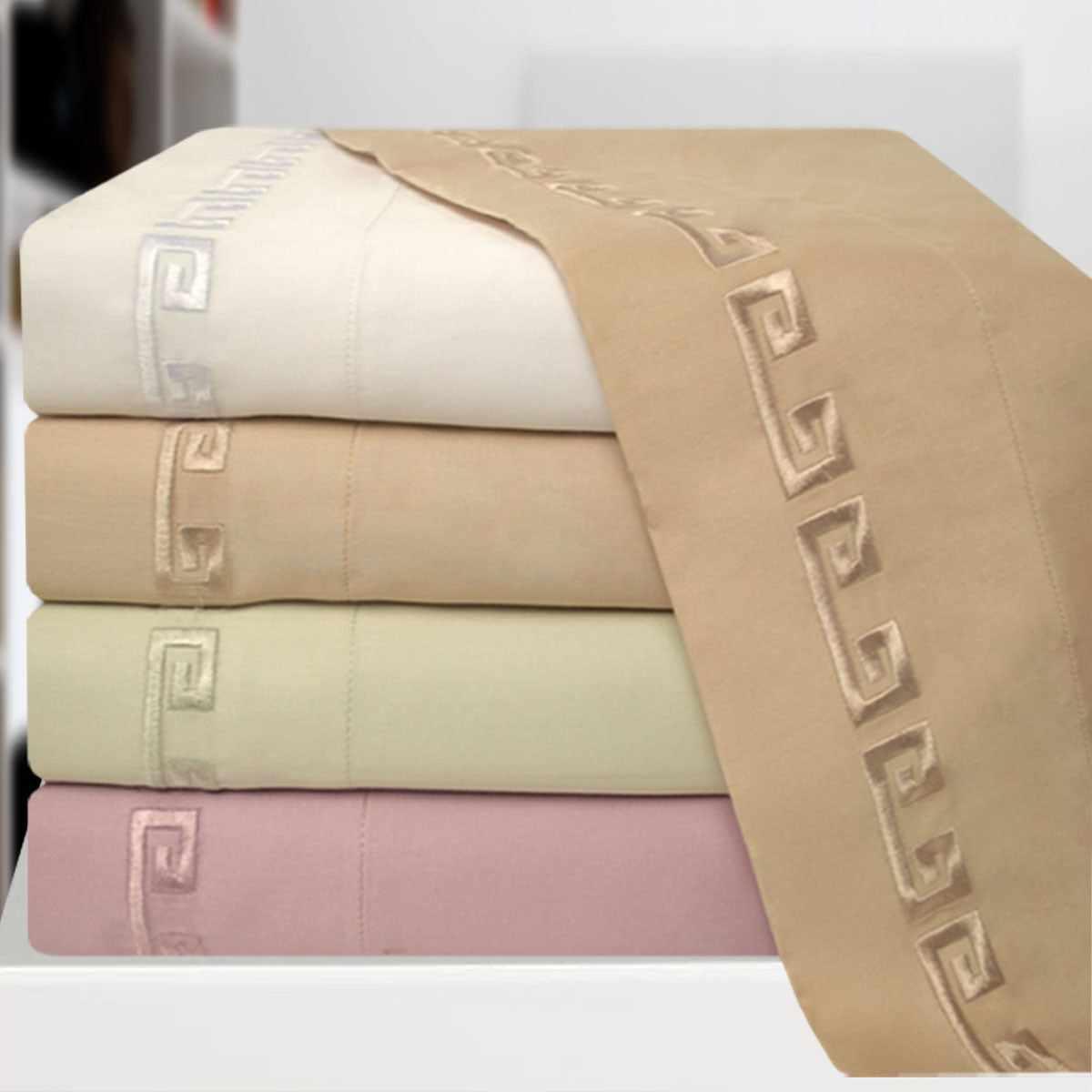  Superior Embroidered 600-Thread Count Deep Pocket Cotton Greek Key Sheet Set - Beige
