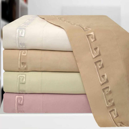  Superior Embroidered 600-Thread Count Deep Pocket Cotton Greek Key Sheet Set - Beige