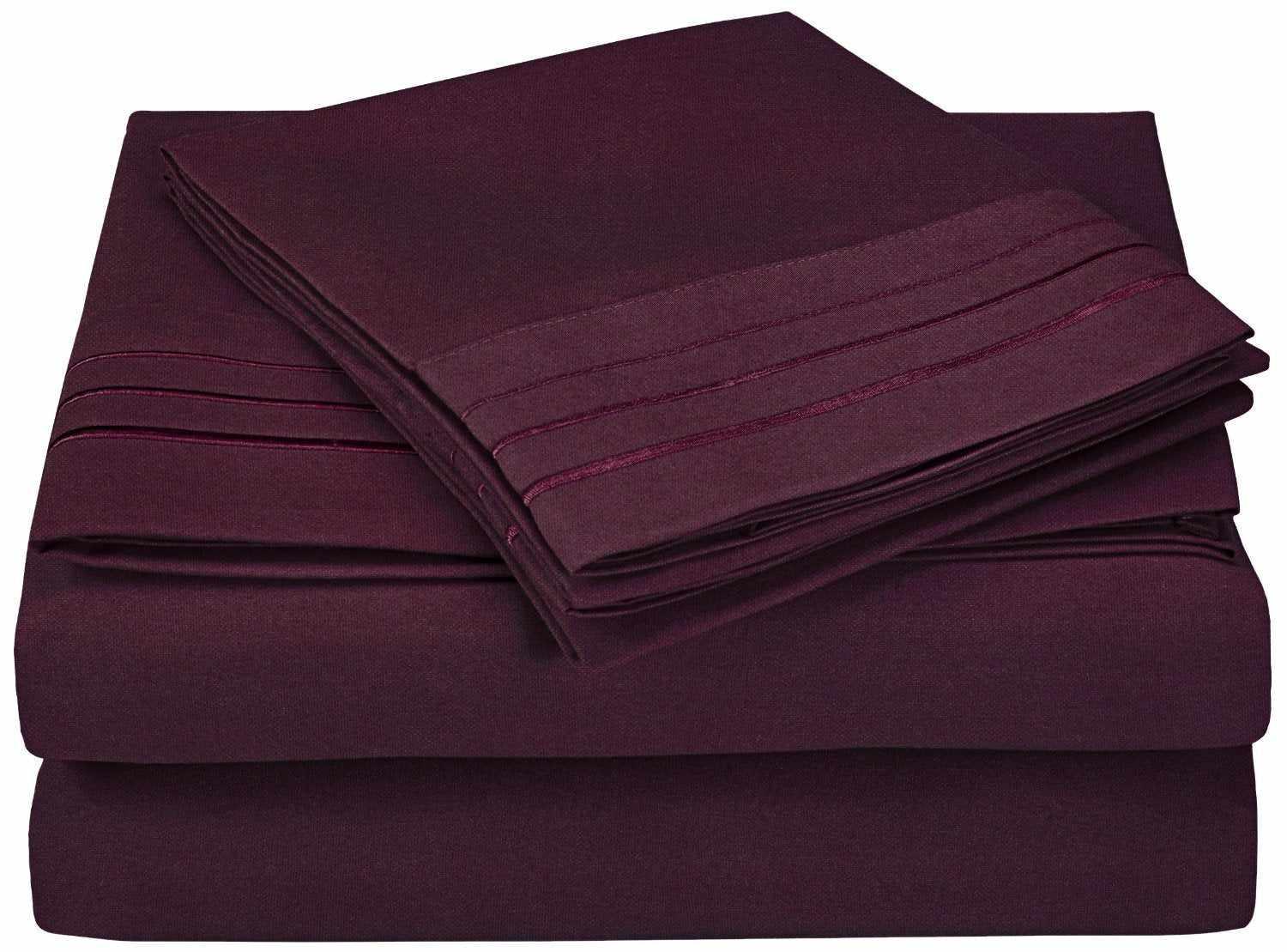 Superior 3000 Series Wrinkle Resistant 3 Line Embroidery Microfiber Deep Pocket Sheet Set - Plum