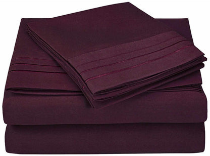 Superior 3000 Series Wrinkle Resistant 3 Line Embroidery Microfiber Deep Pocket Sheet Set - Plum