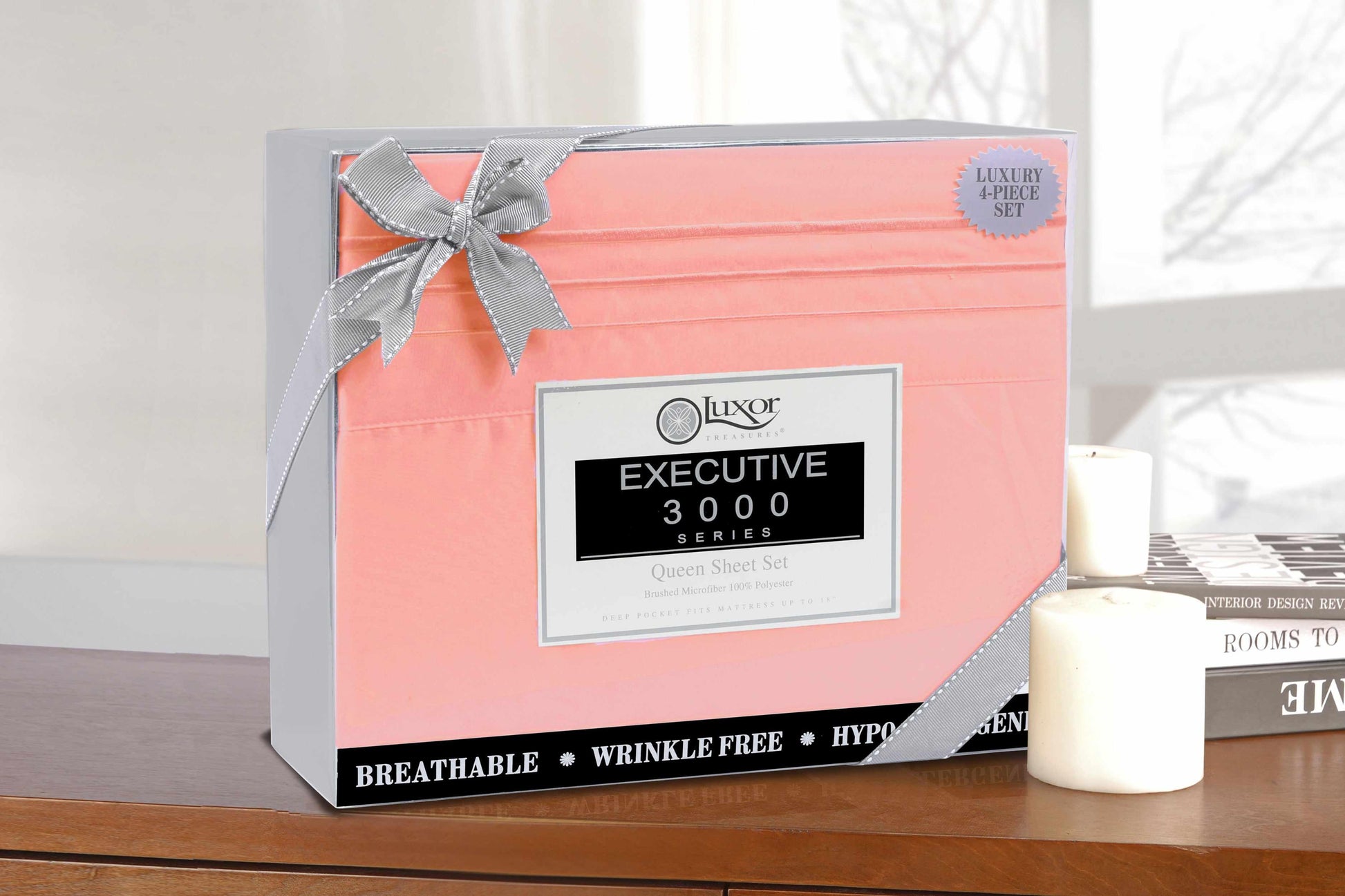  Superior 3000 Series Wrinkle Resistant 3 Line Embroidery Microfiber Deep Pocket Sheet Set - Peach