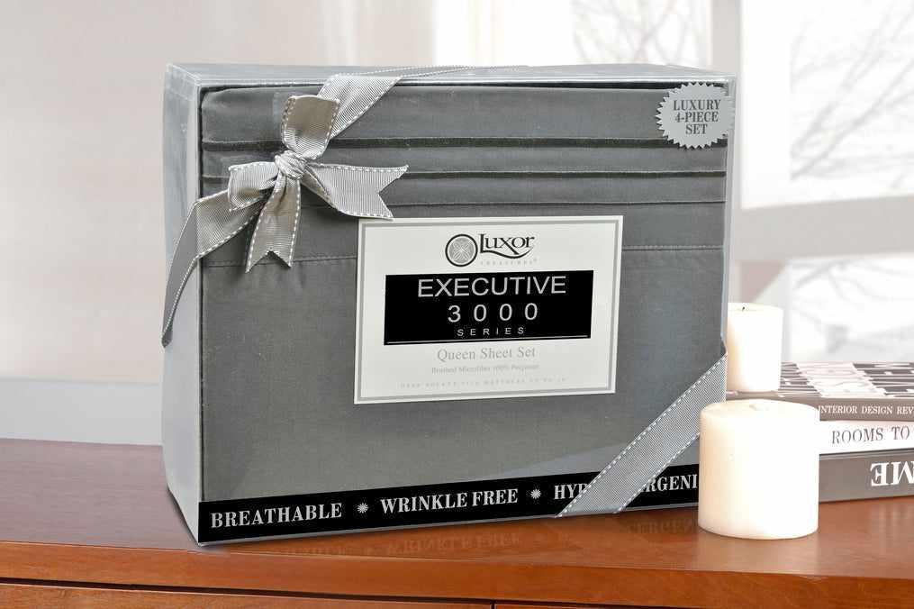 Superior 3000 Series Wrinkle Resistant 3 Line Embroidery Microfiber Deep Pocket Sheet Set - Charcoal