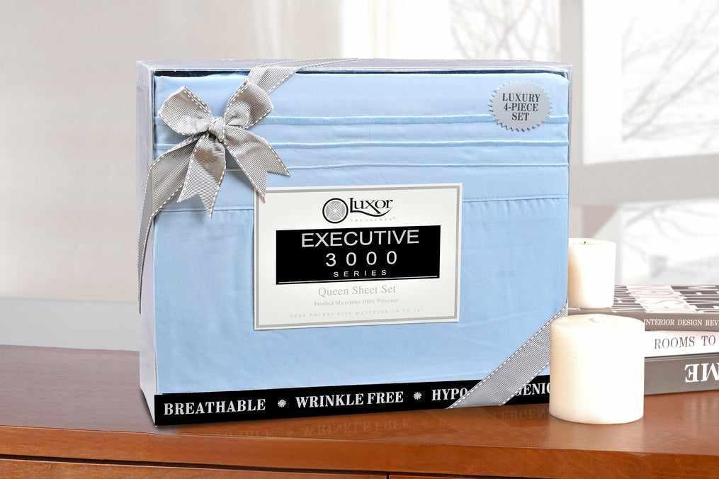 Superior 3000 Series Wrinkle Resistant 3 Line Embroidery Microfiber Deep Pocket Sheet Set - Light Blue