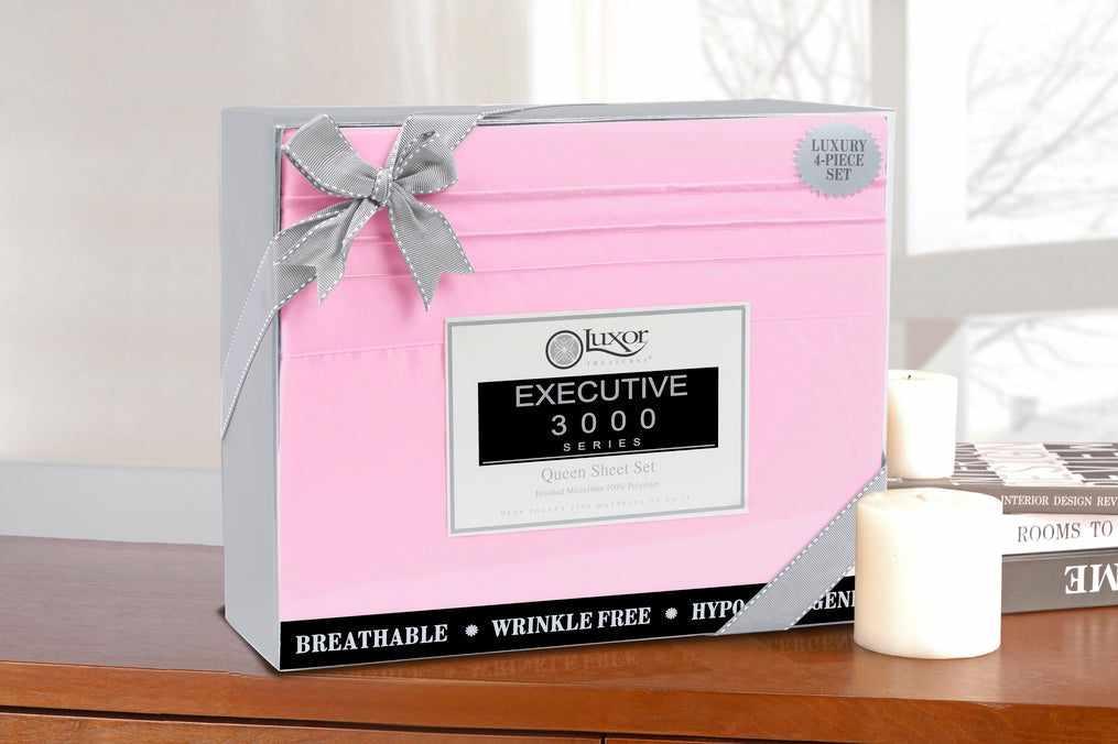 Superior 3000 Series Wrinkle Resistant 3 Line Embroidery Microfiber Deep Pocket Sheet Set - Pink