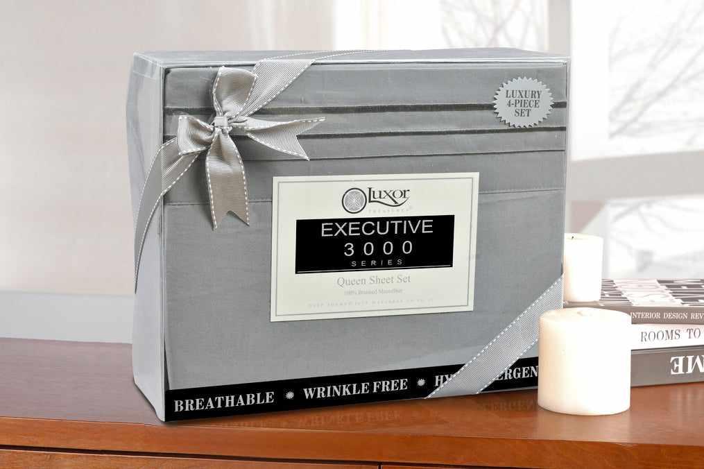 Superior 3000 Series Wrinkle Resistant 3 Line Embroidery Microfiber Deep Pocket Sheet Set - Silver