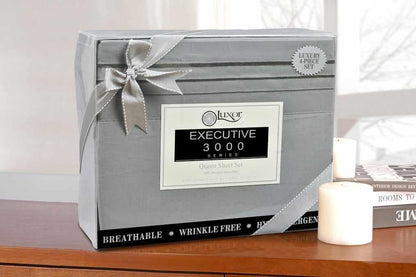 Superior 3000 Series Wrinkle Resistant 3 Line Embroidery Microfiber Deep Pocket Sheet Set - Silver