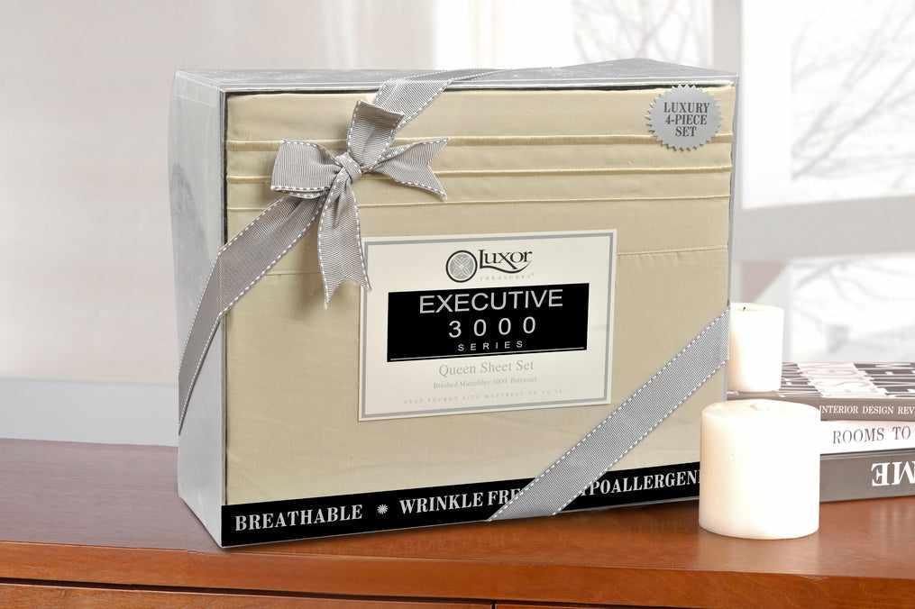 Superior 3000 Series Wrinkle Resistant 3 Line Embroidery Microfiber Deep Pocket Sheet Set - Ivory