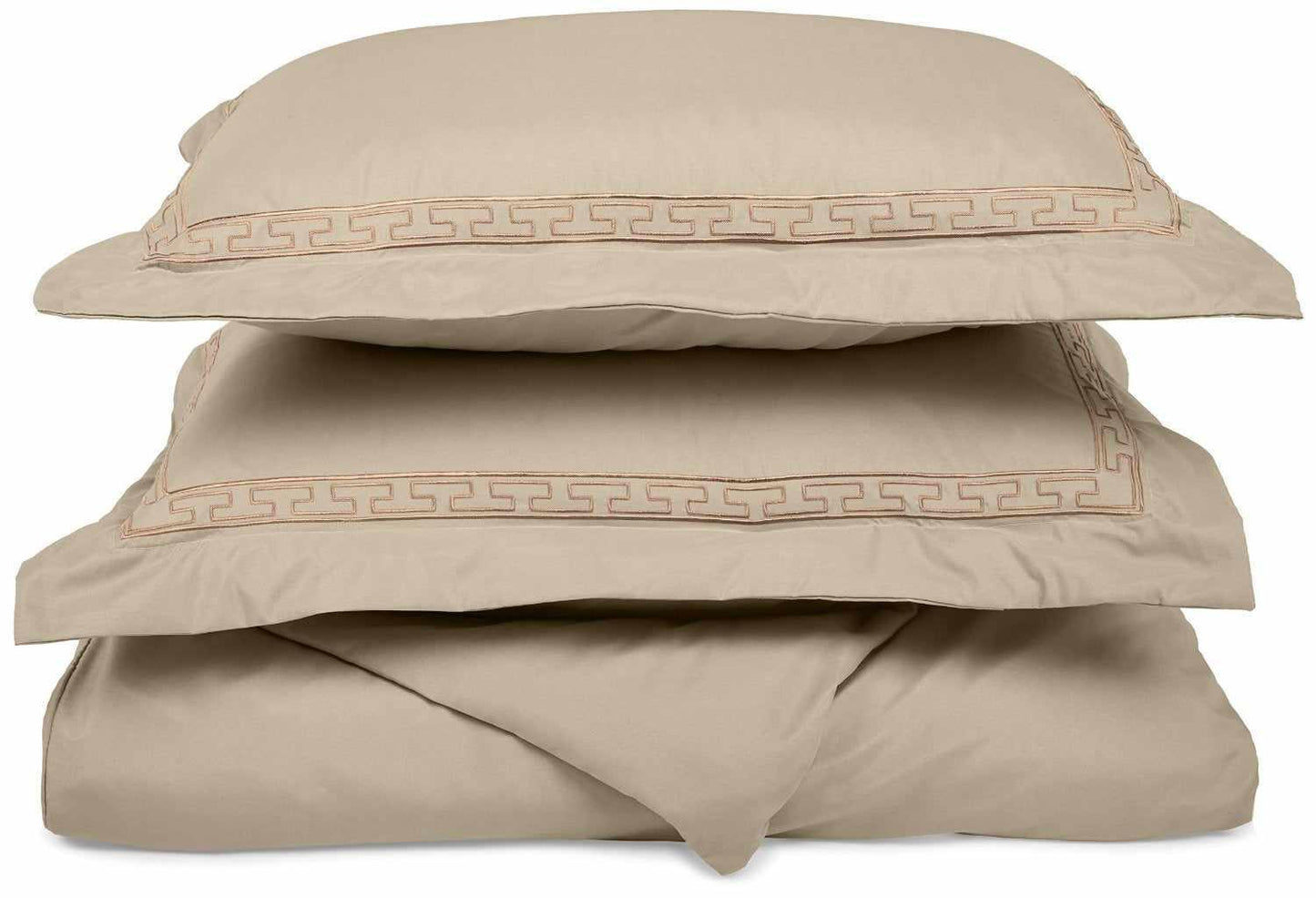  Superior Embroidered Solid Greek Key Microfiber Duvet Cover Set -Tan