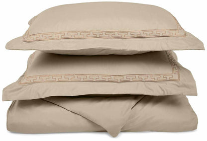  Superior Embroidered Solid Greek Key Microfiber Duvet Cover Set -Tan
