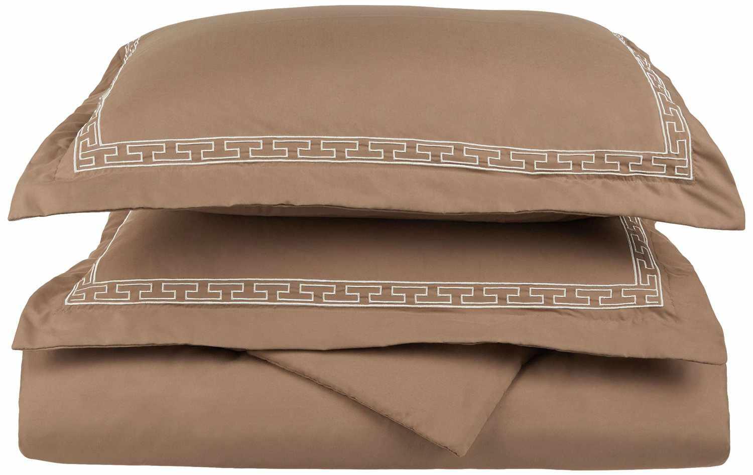  Superior Embroidered Solid Greek Key Microfiber Duvet Cover Set -Taupe