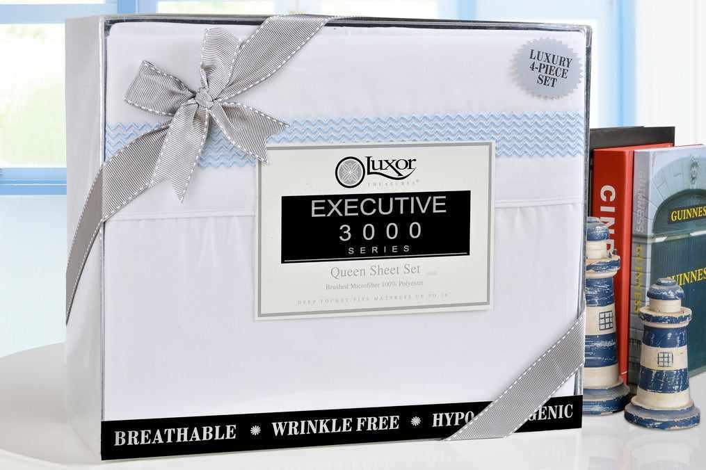 Superior Embroidered Zig Zag Wrinkle Resistant Deep Pocket Microfiber Sheet Set - White/Light Blue