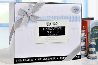 Superior Embroidered Zig Zag Wrinkle Resistant Deep Pocket Microfiber Sheet Set - White/Light Blue