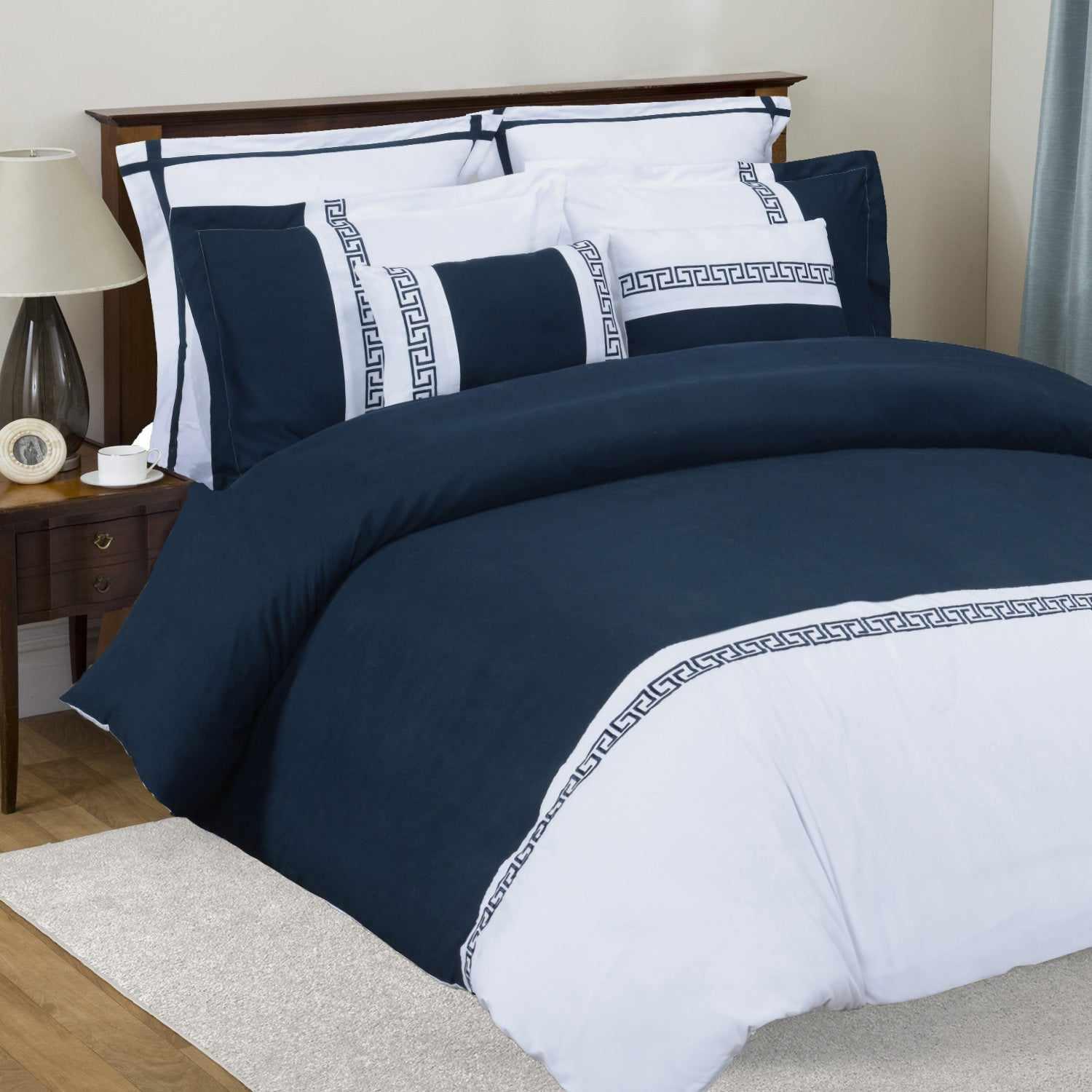Superior Emma Embroidered Greek Key Reversible 7-Piece Microfiber Duvet Cover Set -Navy/White