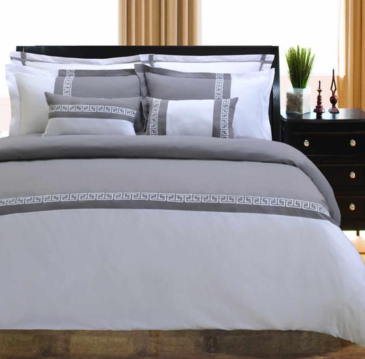 Superior Emma Embroidered Greek Key Reversible 7-Piece Microfiber Duvet Cover Set - White/Grey
