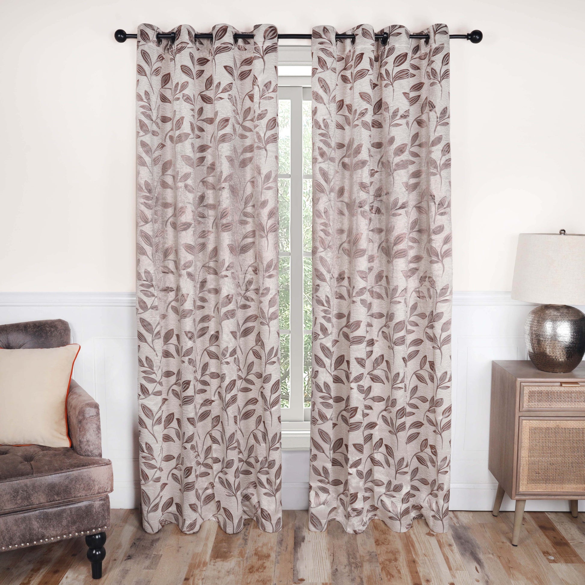 Leaves Machine Washable Room Darkening Blackout Curtains, Set of 2 - Espresso