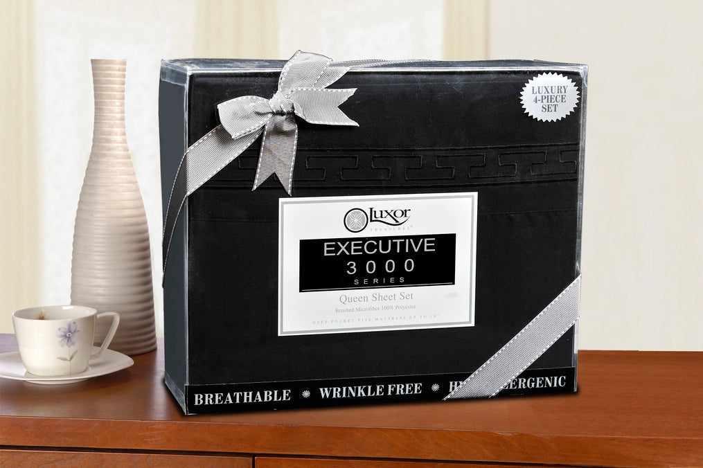  Superior Executive 3000 Series Solid Regal Embroidery Durable Soft Wrinkle Free Sheet Set -  Black