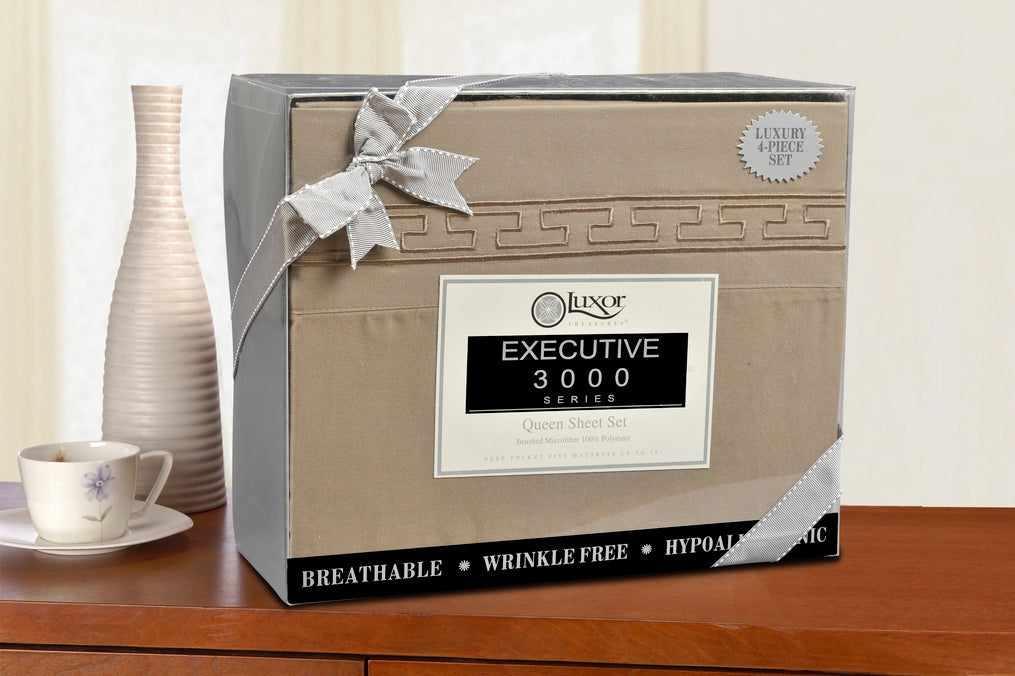  Superior Executive 3000 Series Solid Regal Embroidery Durable Soft Wrinkle Free Sheet Set - Taupe