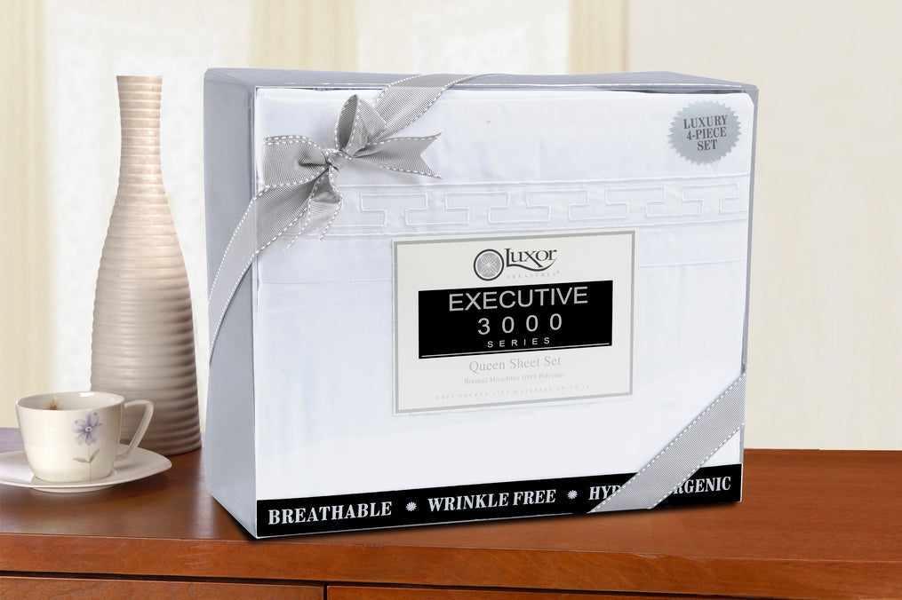  Superior Executive 3000 Series Solid Regal Embroidery Durable Soft Wrinkle Free Sheet Set - White
