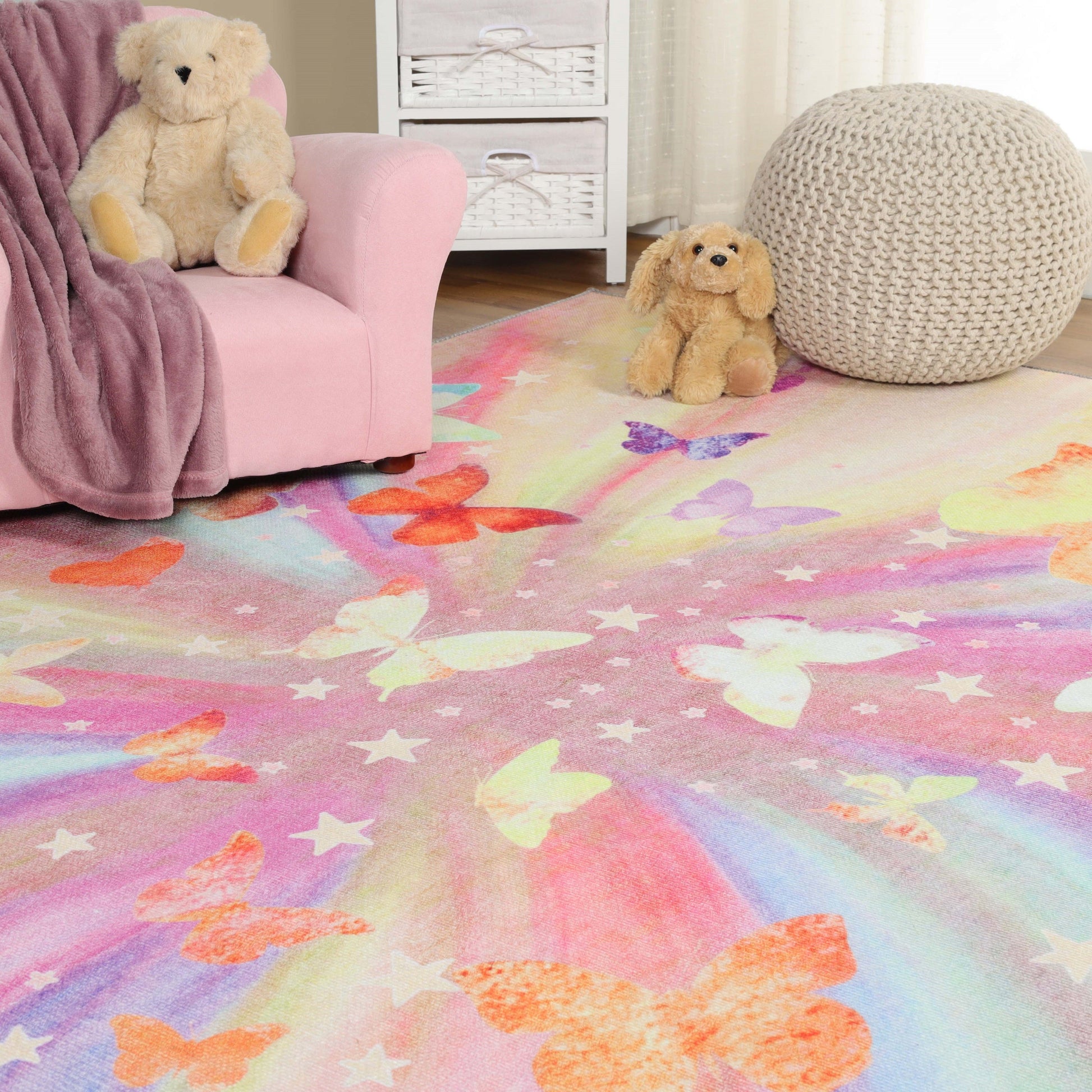 Superior Butterfly Colorful Kids Playroom Nursery Washable Indoor Area Rug Or Door Mat - Apricot