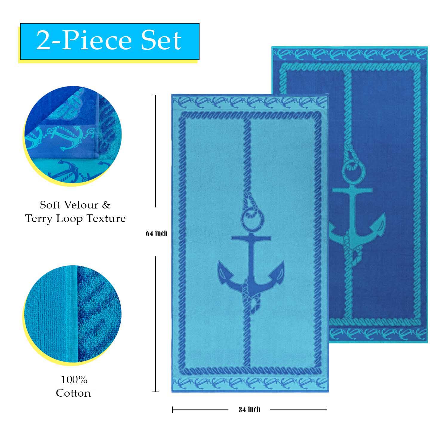 Superior Fisherman Anchor Oversized Beach Towel Set - Blue