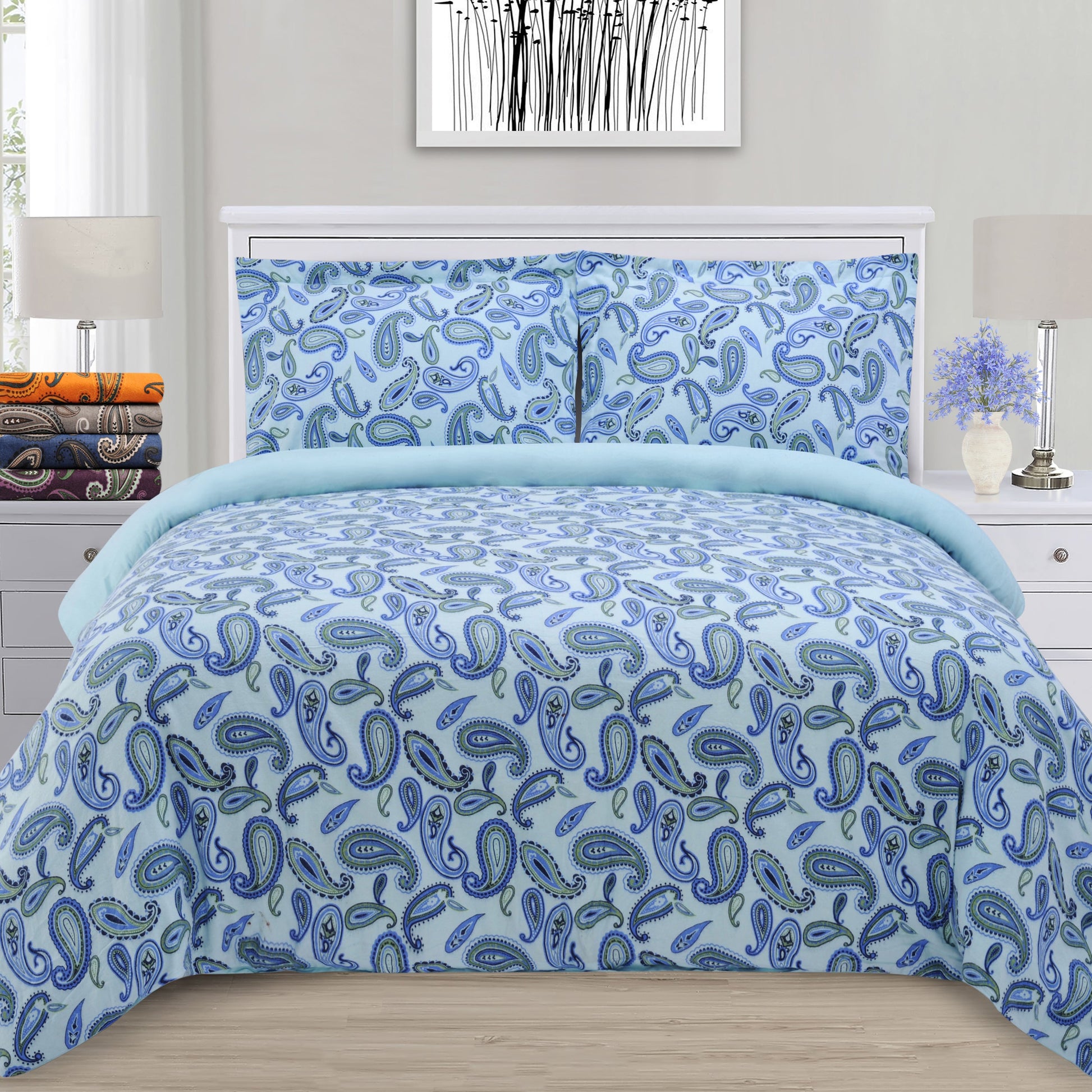 Superior Flannel Cotton Paisley Luxury Duvet Cover Set - Blue