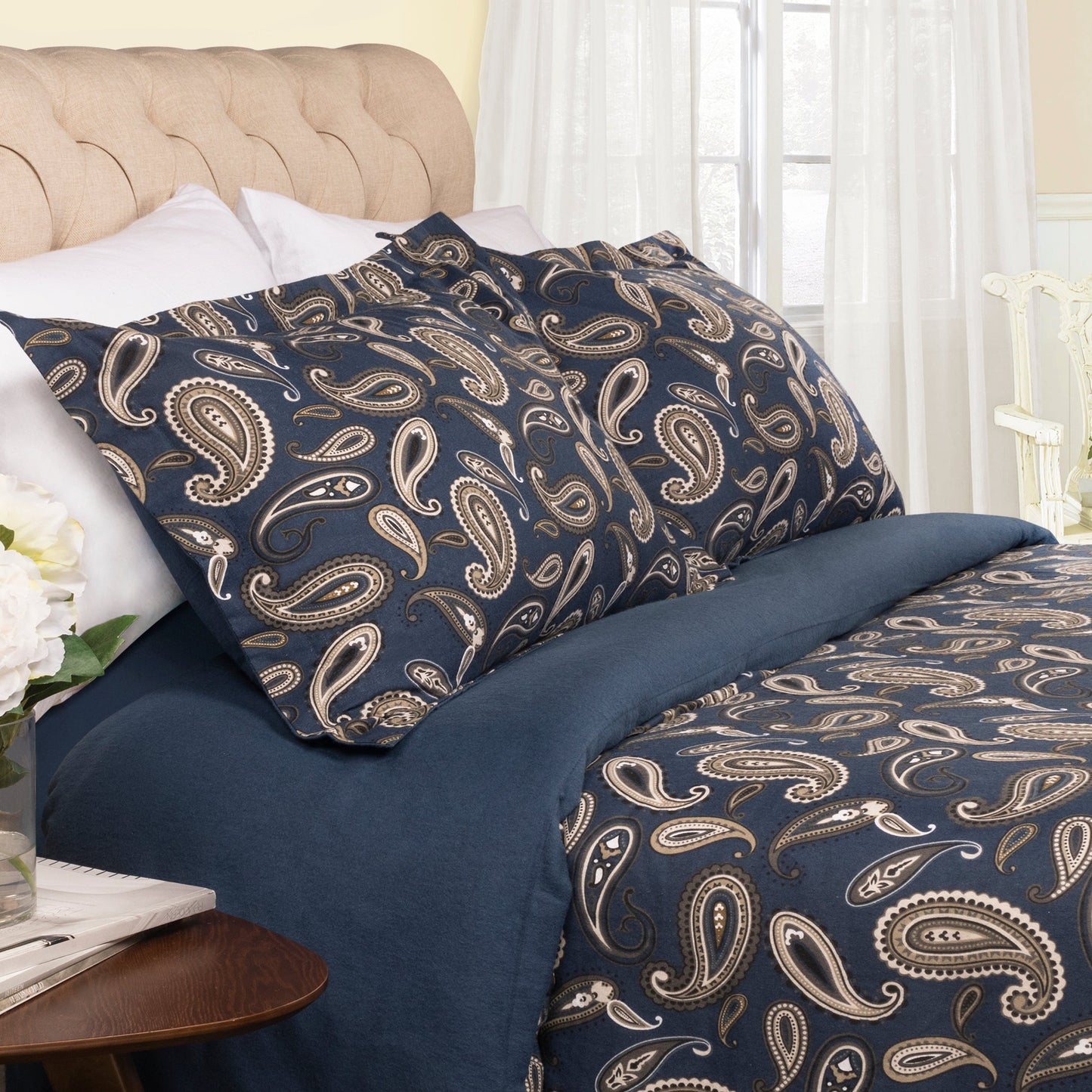 Superior Flannel Cotton Paisley Luxury Duvet Cover Set - Navy Blue