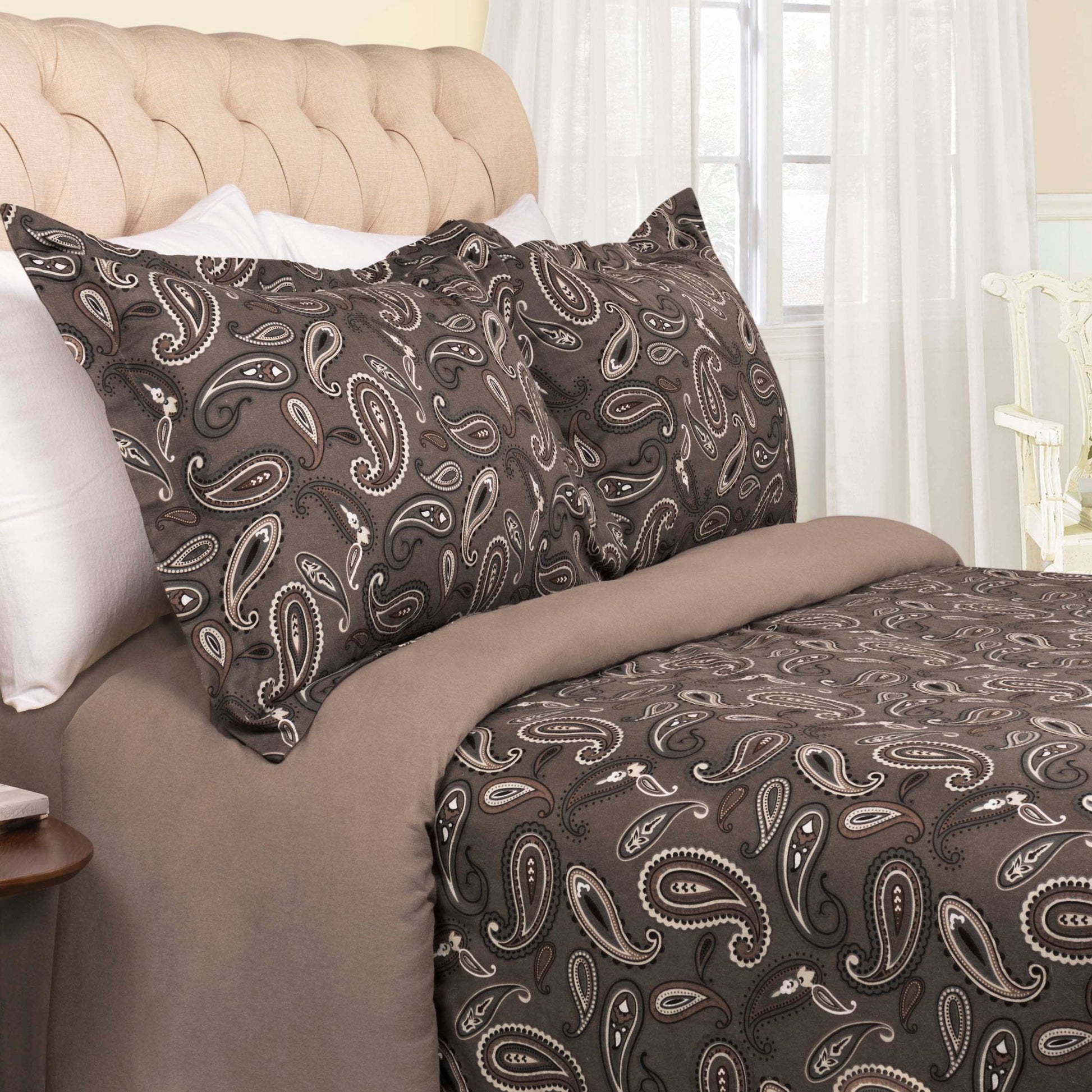 Superior Flannel Cotton Paisley Luxury Duvet Cover Set - Grey