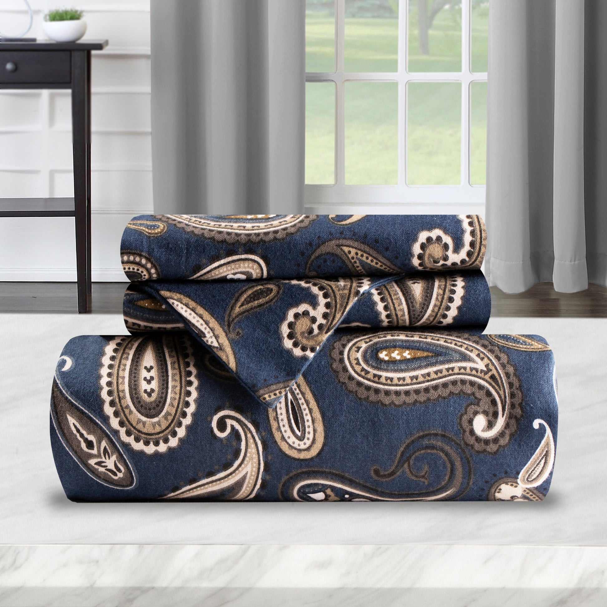 Superior Flannel Cotton Paisley Luxury Duvet Cover Set - Navy Blue