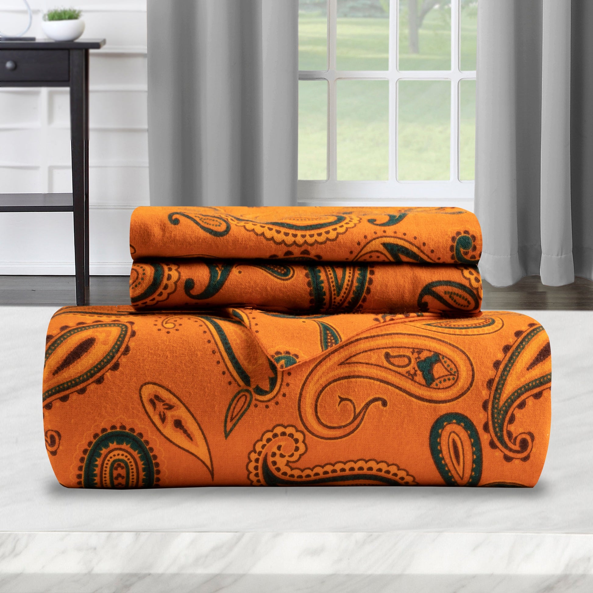 Superior Flannel Cotton Paisley Luxury Duvet Cover Set - Pumpkin