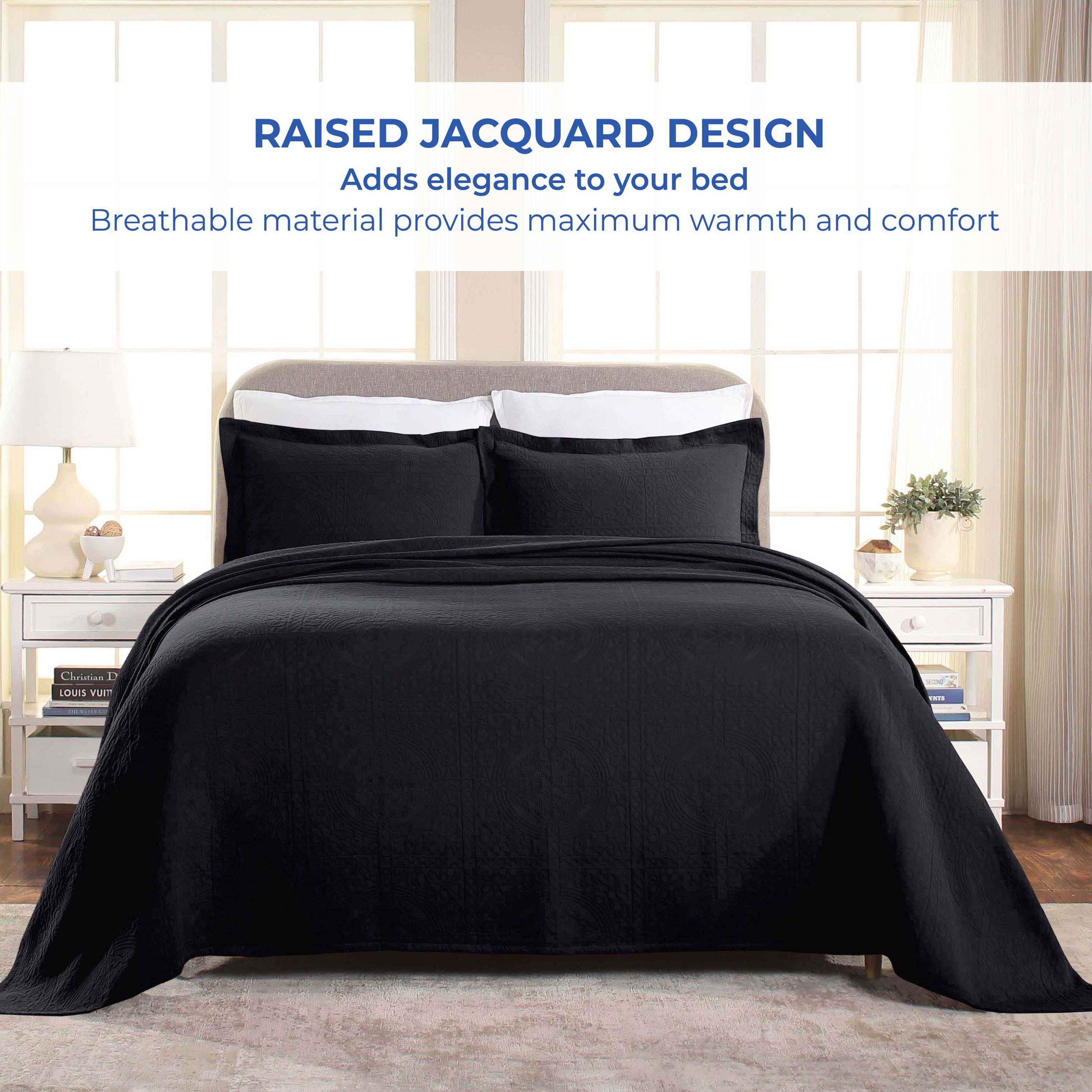 Fluer De Lis Jacquard Matelassé Cotton Medallion Bedspread Set - Black