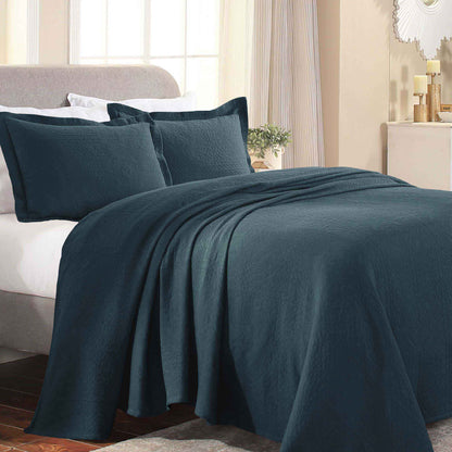 Fluer De Lis Jacquard Matelassé Cotton Medallion Bedspread Set - Deepblue