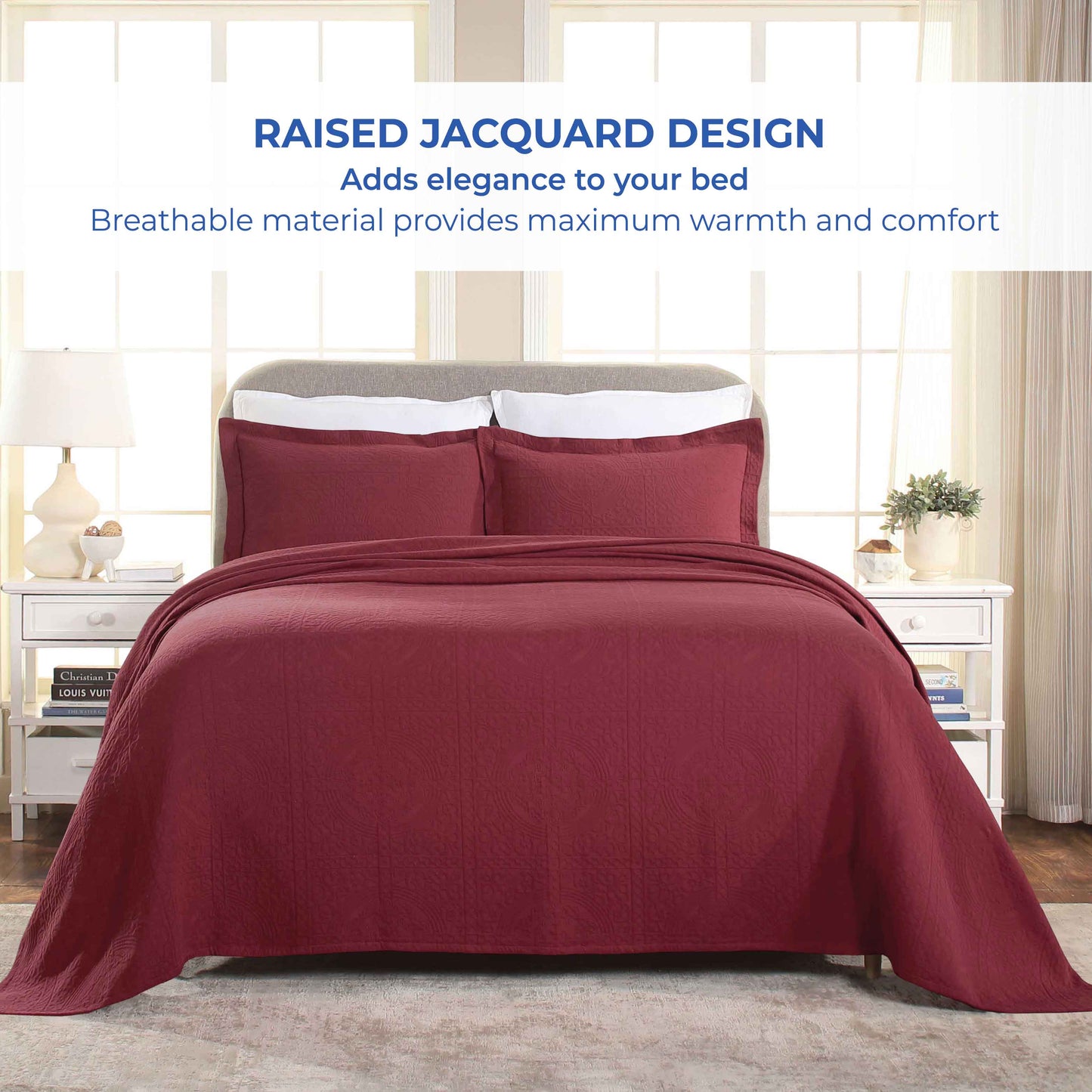 Fluer De Lis Jacquard Matelassé Cotton Medallion Bedspread Set - Garnet