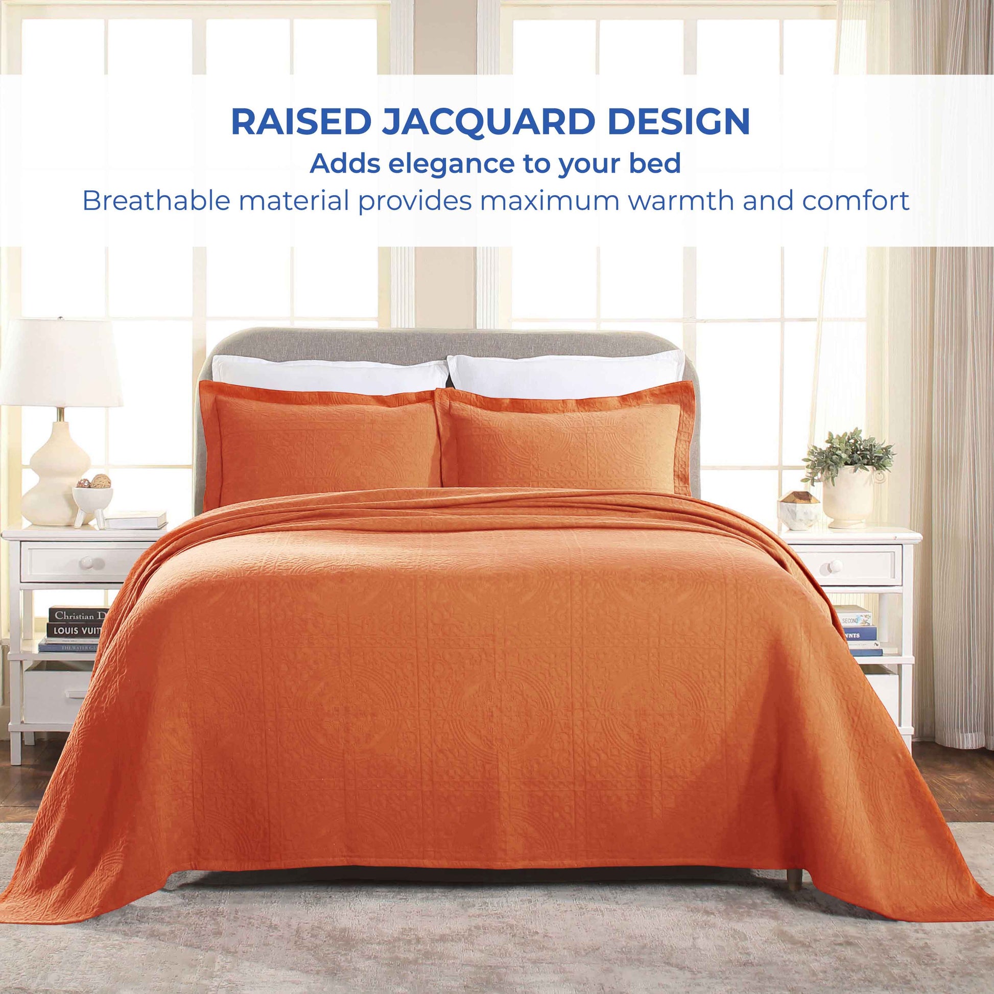 Fluer De Lis Jacquard Matelassé Cotton Medallion Bedspread Set - Mandarian