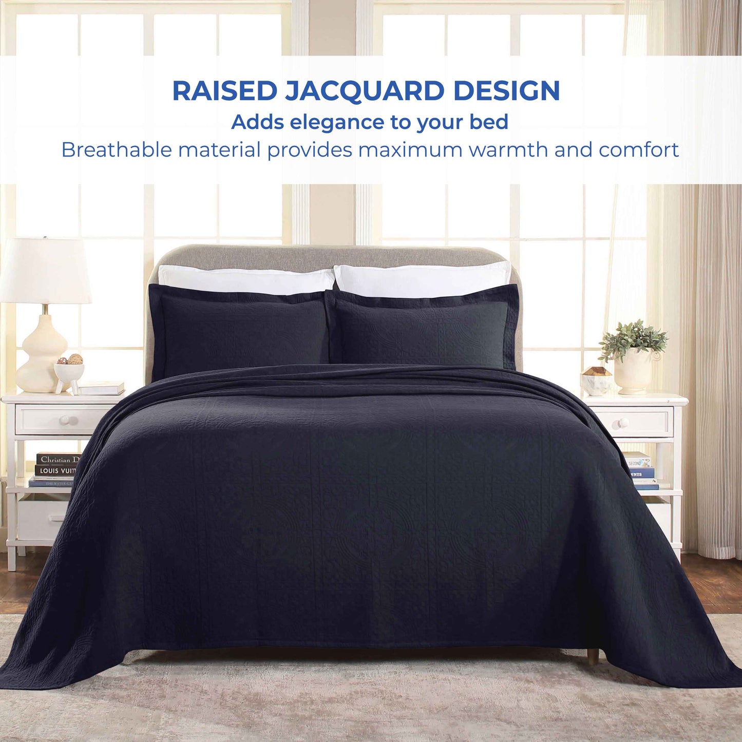 Fluer De Lis Jacquard Matelassé Cotton Medallion Bedspread Set - Navy Blue