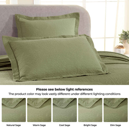 Fluer De Lis Jacquard Matelassé Cotton Medallion Bedspread Set - Sage