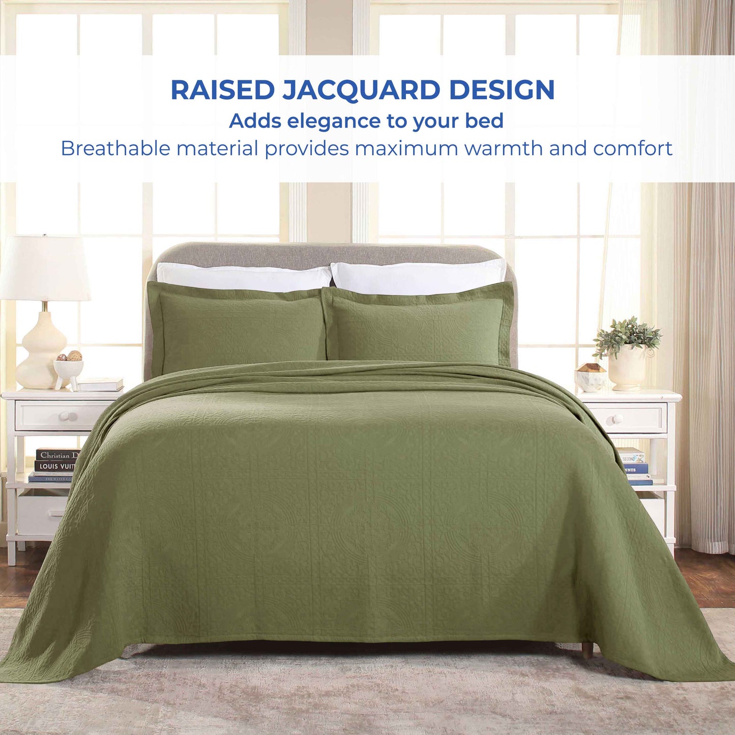 Fluer De Lis Jacquard Matelassé Cotton Medallion Bedspread Set - Sage