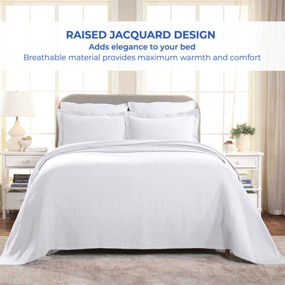 Fluer De Lis Jacquard Matelassé Cotton Medallion Bedspread Set - White