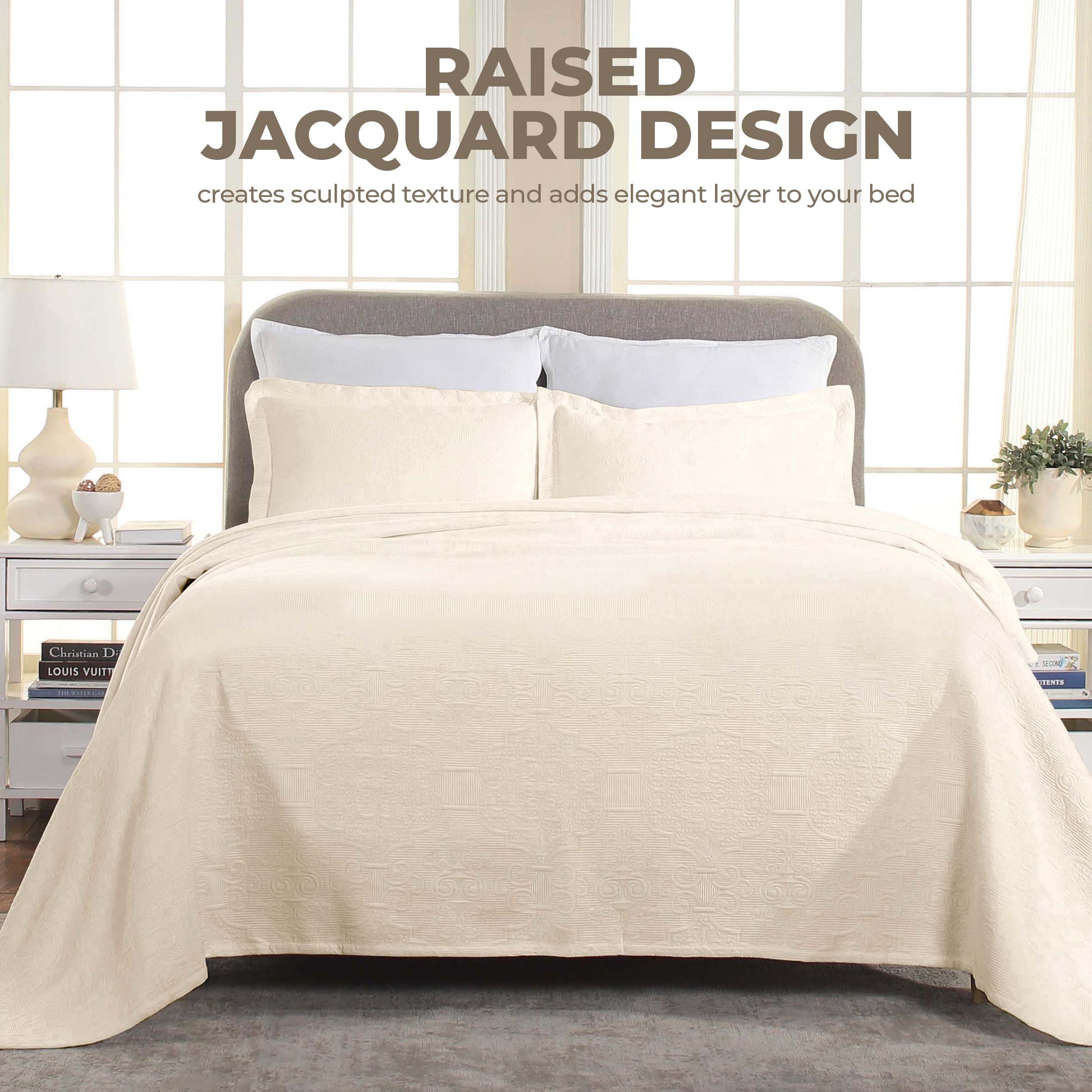 Florin Cotton Matelasse Weave Jacquard Scroll Medallion Bedspread Set - Ivory