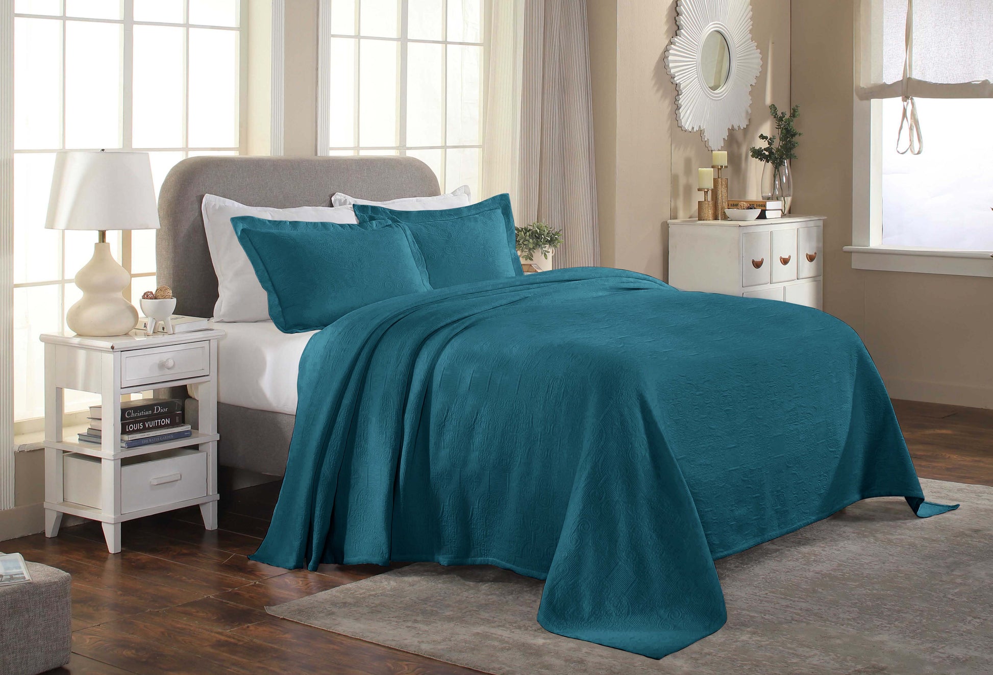 Florin Cotton Matelasse Weave Jacquard Scroll Medallion Bedspread Set - Deep Sea