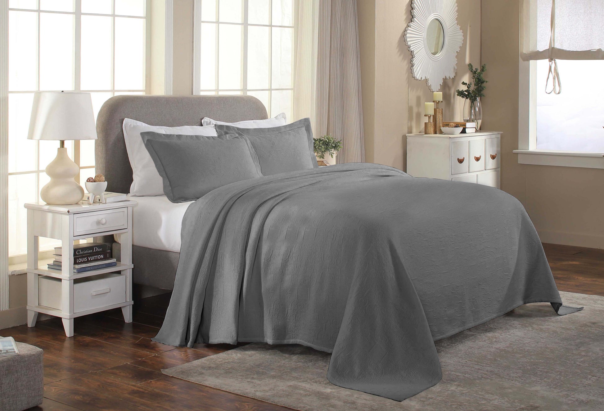 Florin Cotton Matelasse Weave Jacquard Scroll Medallion Bedspread Set - Grey