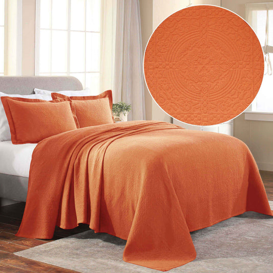 Fluer De Lis Jacquard Matelassé Cotton Medallion Bedspread Set - Mandarian