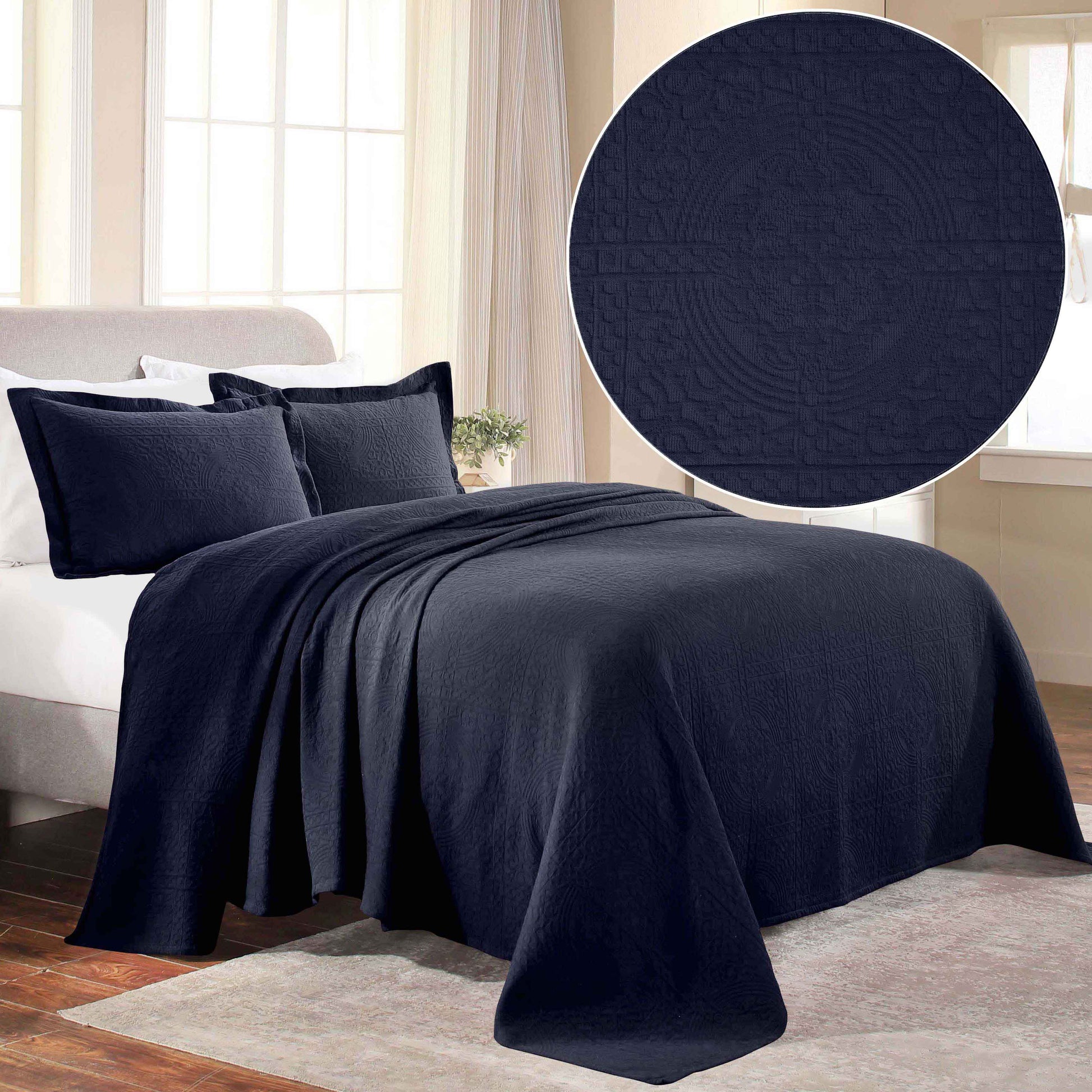 Fluer De Lis Jacquard Matelassé Cotton Medallion Bedspread Set - Navy Blue