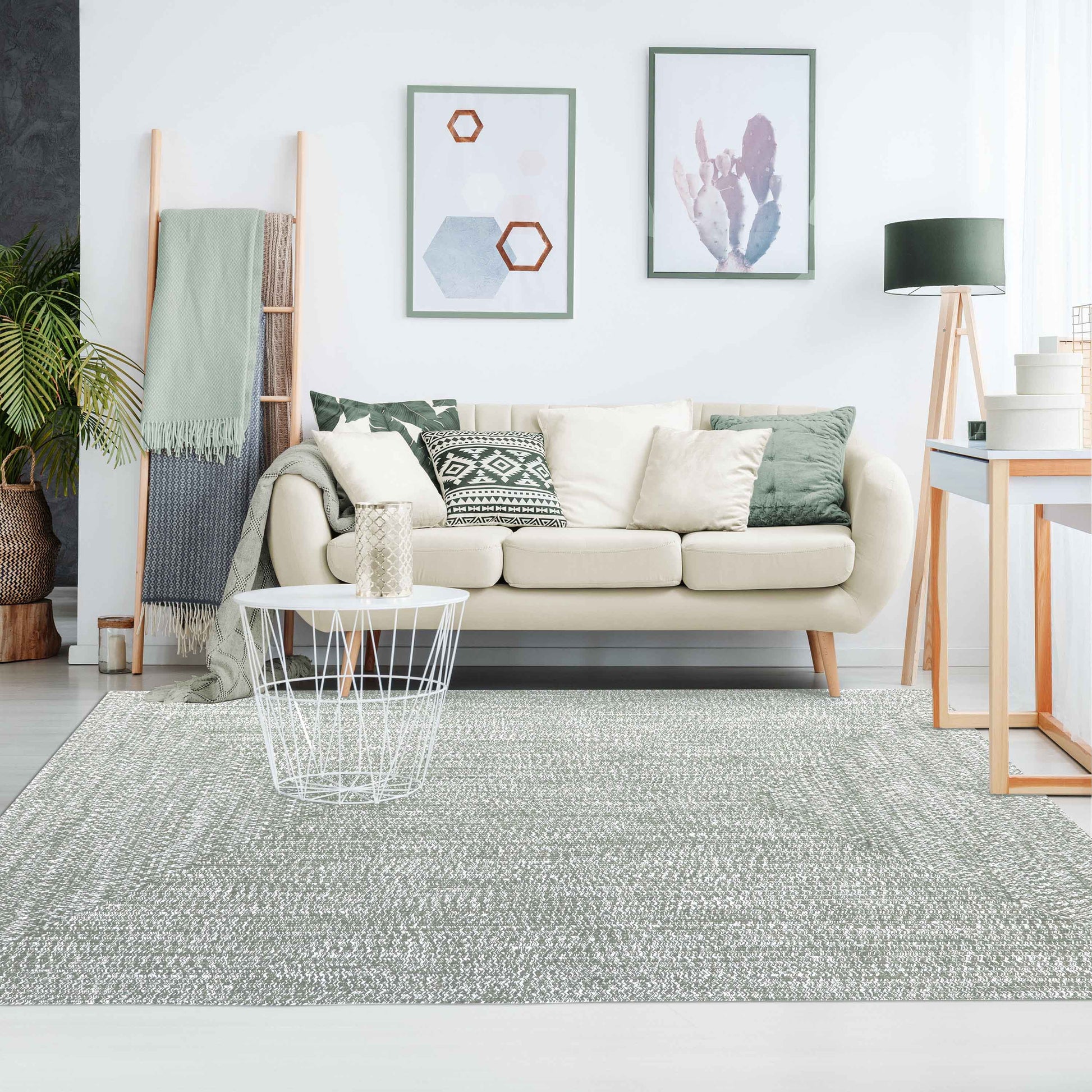 Multi Toned Braided Area Rug Bohemian Indoor Outdoor Rugs - FogGreen-White
