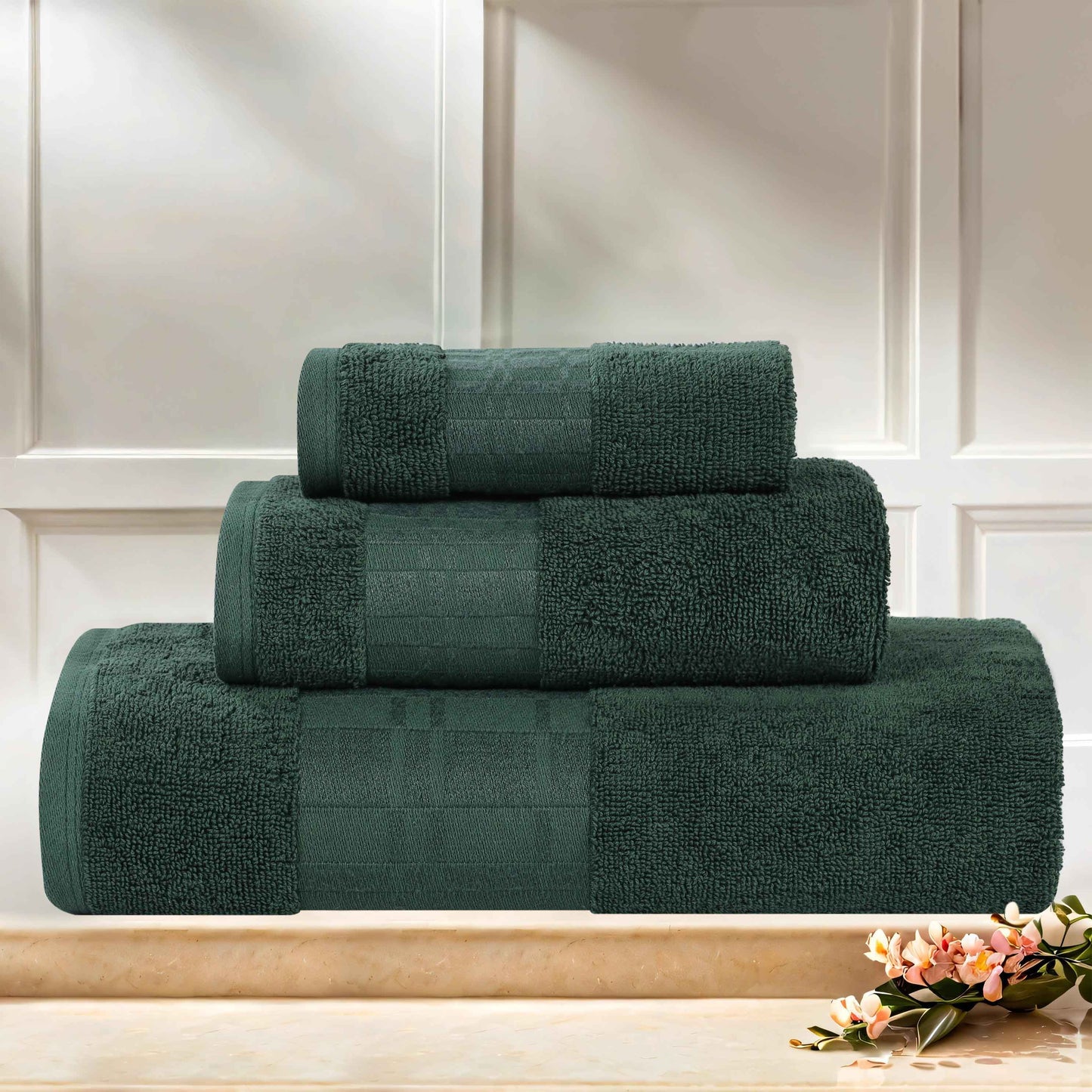 Larissa Cotton Geometric Border 3 Piece Assorted Towel Set - ForestGreen