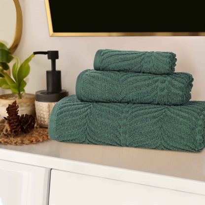 Chevron Zero Twist Jaquard Cotton 3 Piece Bathroom Towel Set - ForestGreen